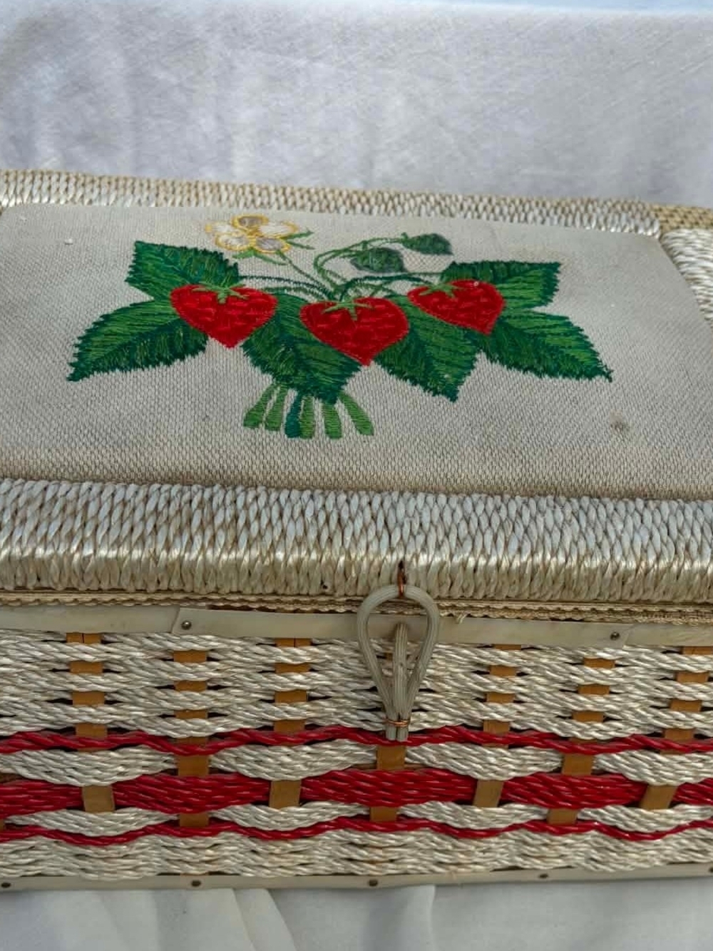 Vintage Strawberry Sewing Basket Cottagecore Woven Craft Box Korea Handle
